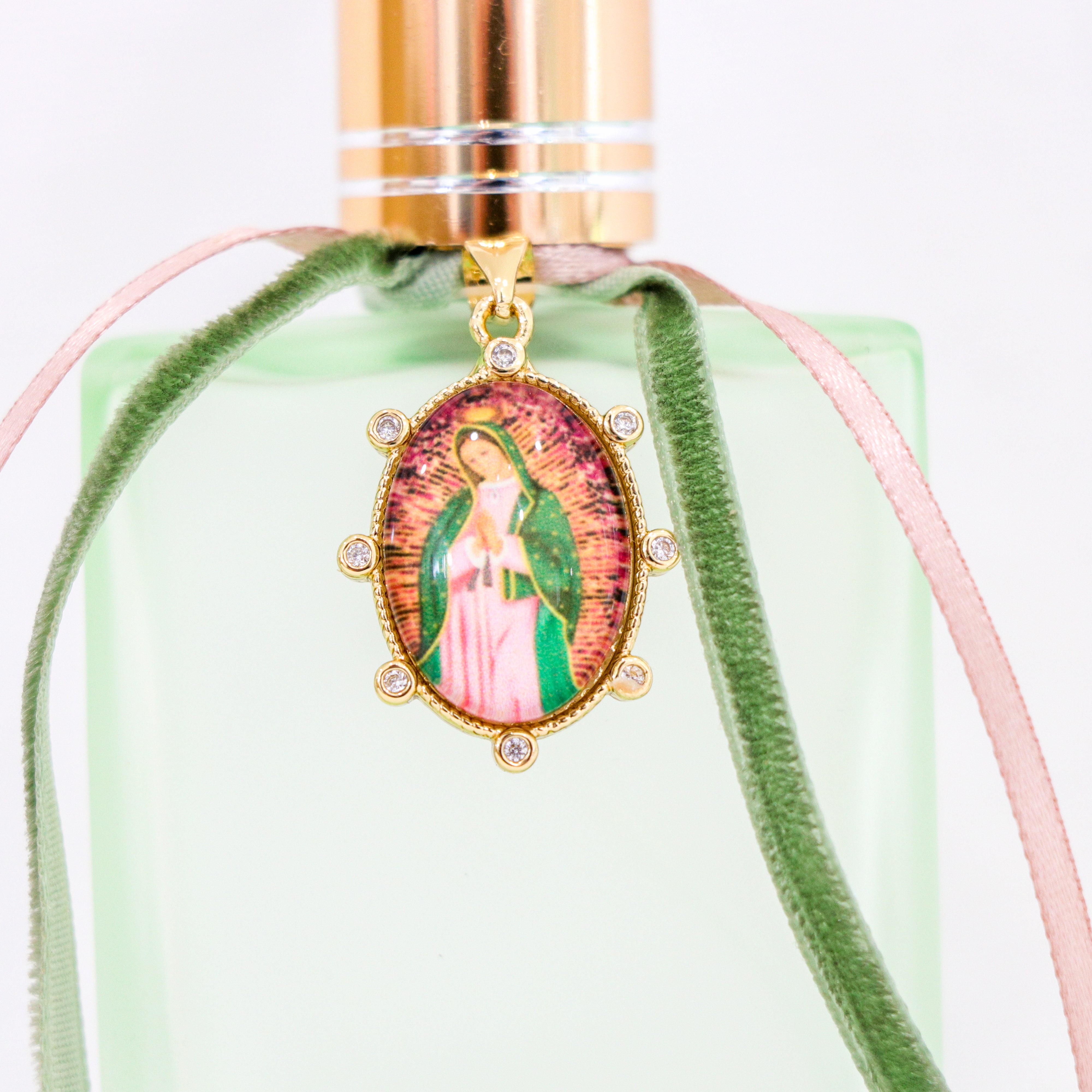 Our Lady of Guadalupe in Green and Pink | Handmade Holy Water Spray