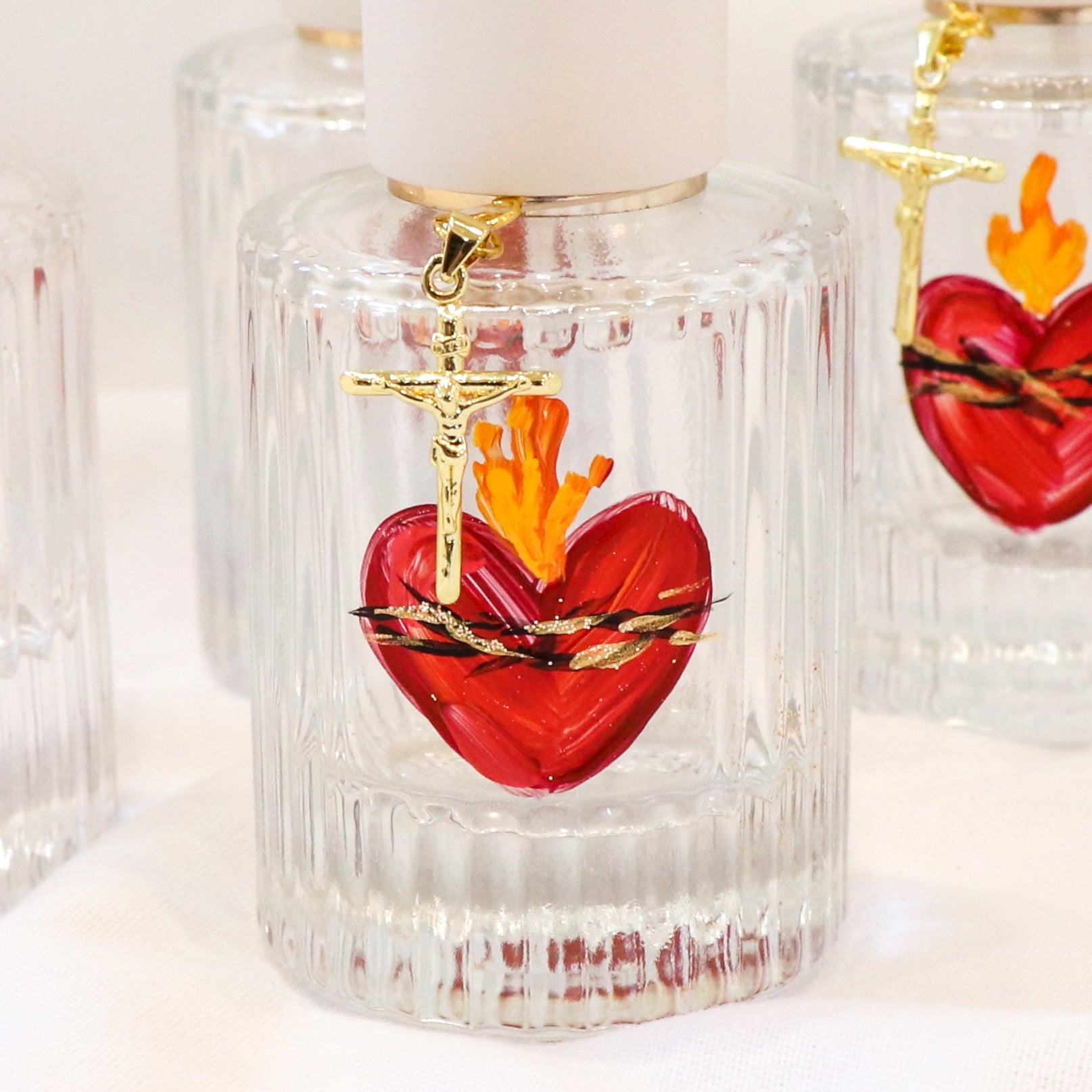 Sacred Heart with Dainty Cross | Hand Painted Holy Water Vessel