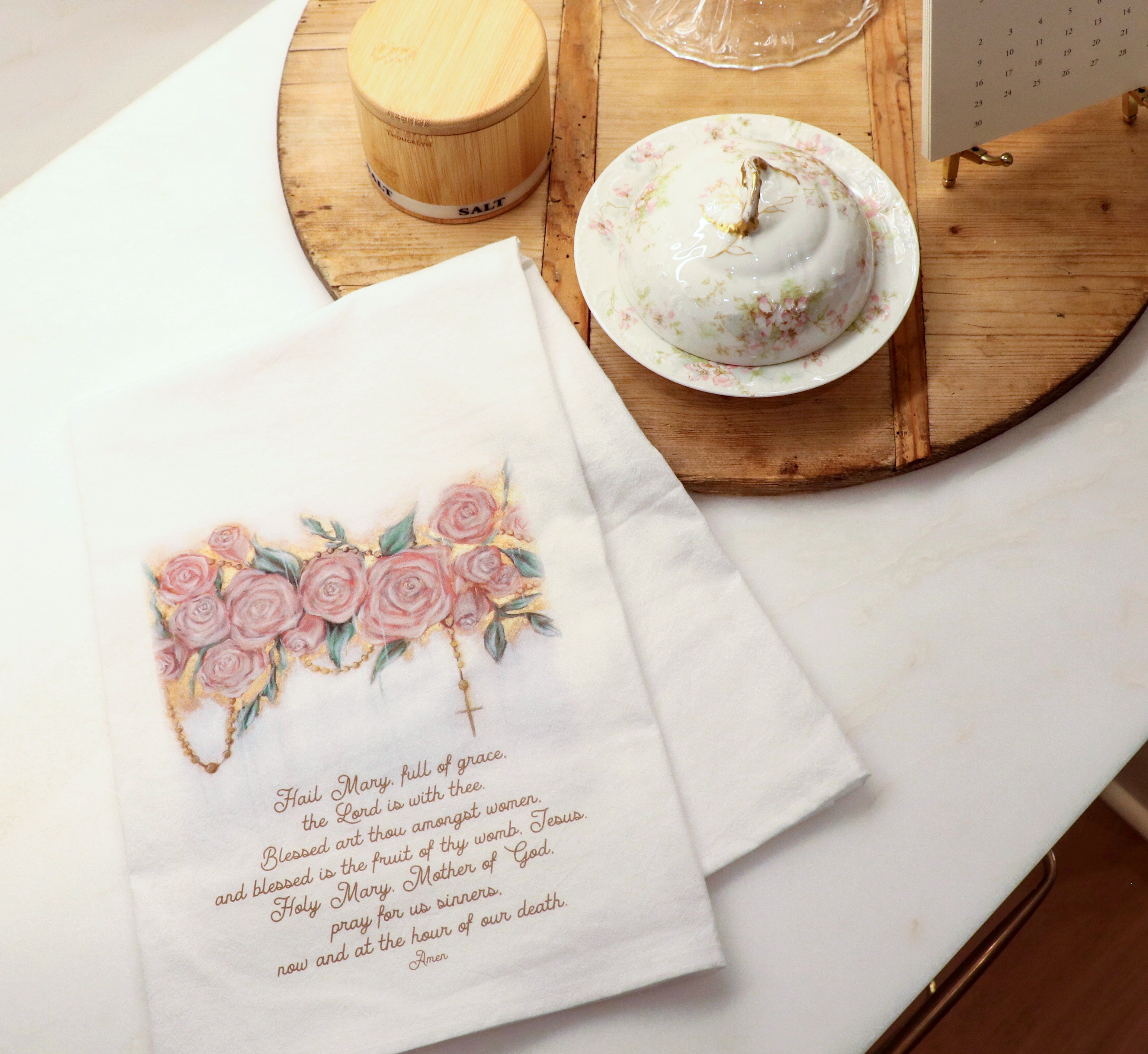 Queen of the Rosary White Flour Sack Tea Towel