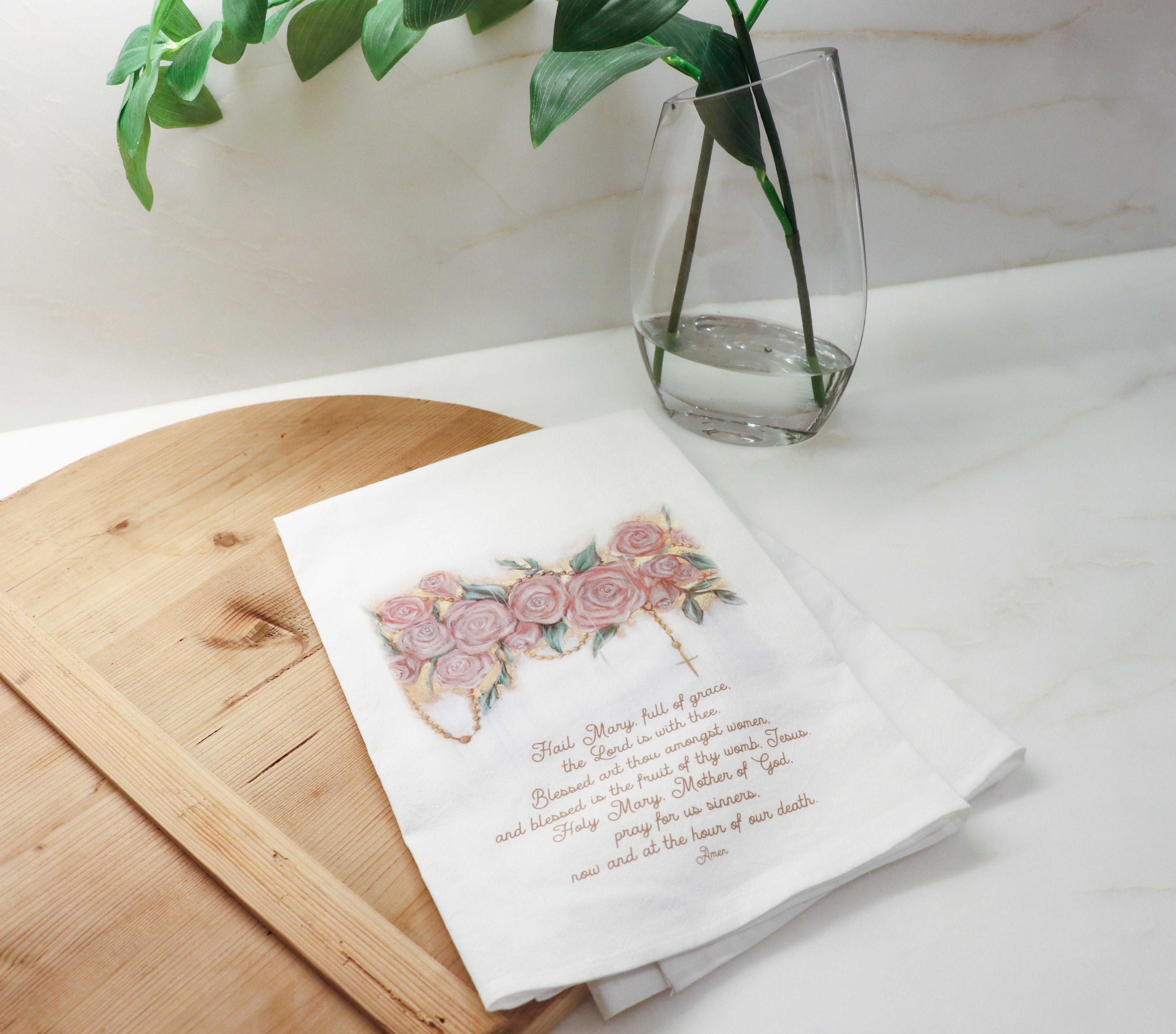 Queen of the Rosary White Flour Sack Tea Towel