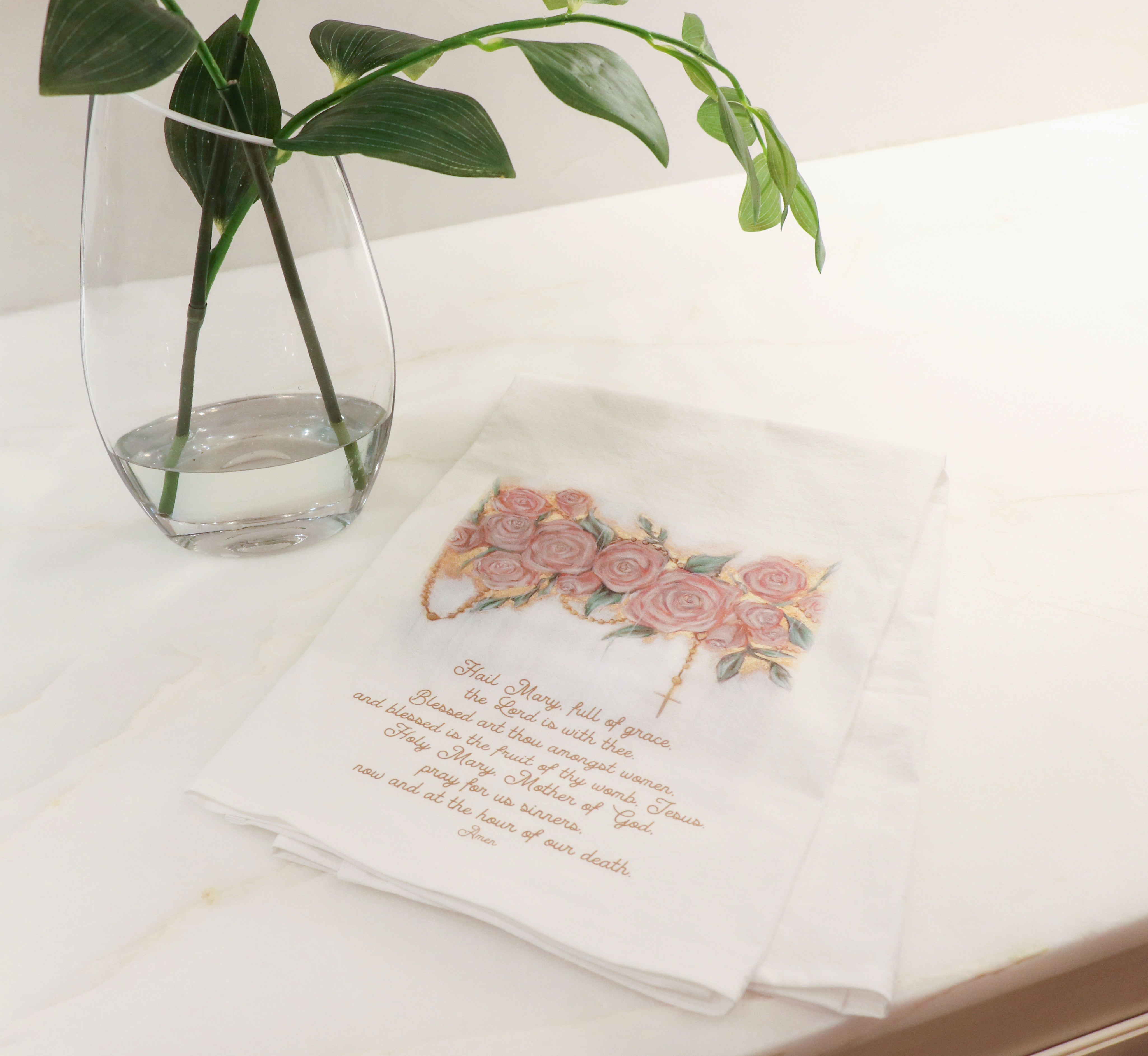 Queen of the Rosary White Flour Sack Tea Towel