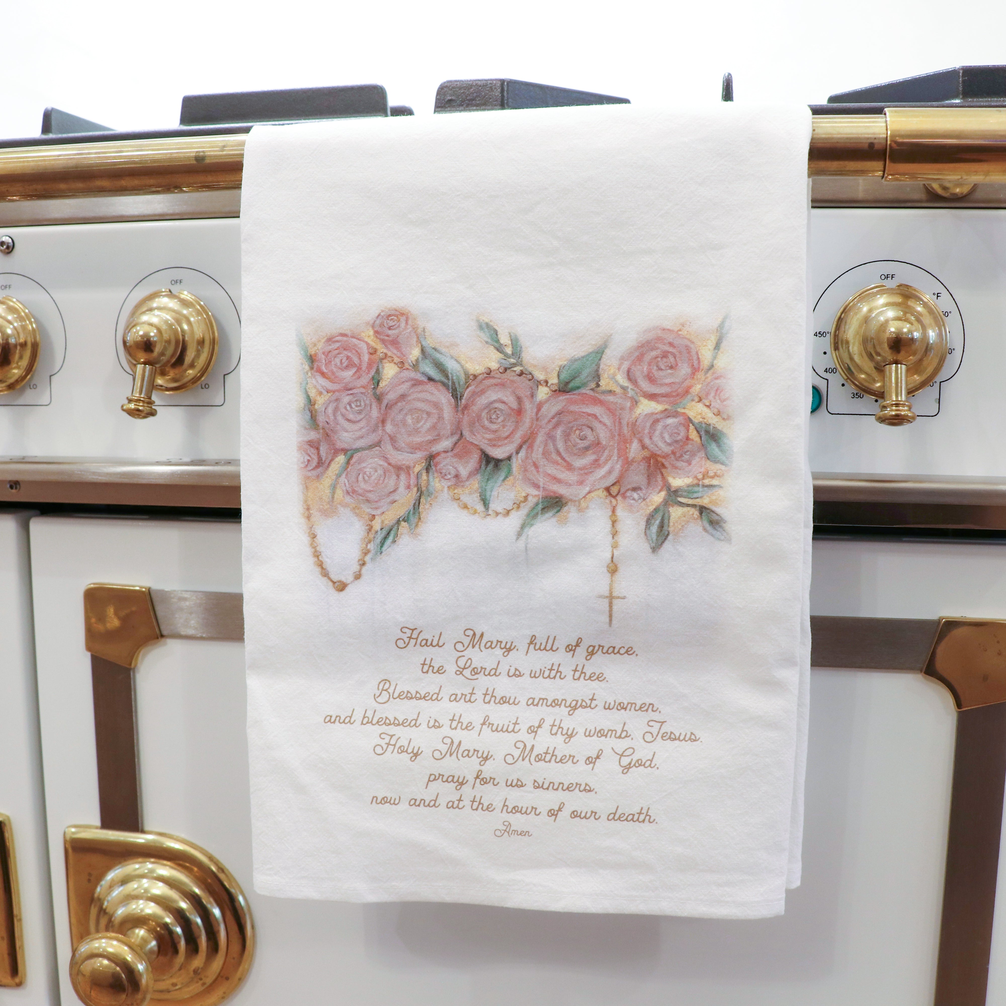 Queen of the Rosary White Flour Sack Tea Towel